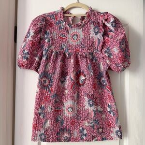 LOFT Pink Floral Dalia Ruffle Puff-Sleeve Dress-Style Top